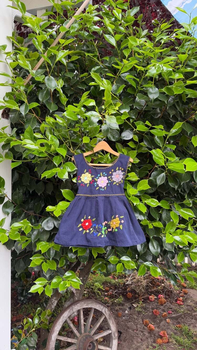 Girls Navy Blue Mexican Floral Embroidered Sleeveless Top
